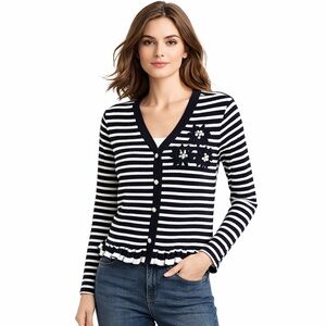 Black and White Striped Cardigan with Floral Accents